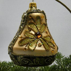 CHRISTMAS BELL Ornament 4-Inch Hand Made And Decorated Glass GOLD